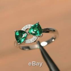 1.2ct Trillion Cut Green Emerald Bow Design Engagement Ring Solid 14K White Gold