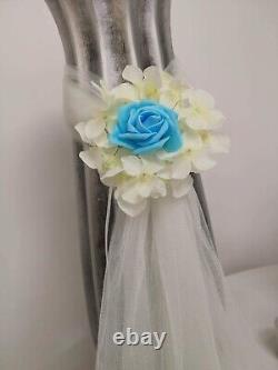 10 x Wedding Church Pew Ends Blue Tulle Bows Flower Decoration Rose Hydrangea