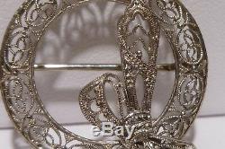 10k White Gold Bow Filigree Brooch Pin Branch Round Holiday Handcrafted Estate