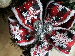 12 Farmhouse Buffalo Check Christmas Bows Snowflakes Snowflocked Handtied