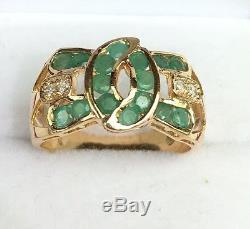 14K Solid Yellow Gold Cluster Bow Diamond Ring With Natural Emerald, Sz8.5