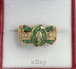 14K Solid Yellow Gold Cluster Bow Diamond Ring With Natural Emerald, Sz8.5