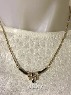 14K Yellow Gold 16 Necklace with Genuine Sapphires & Diamond Shape Bow, NEW