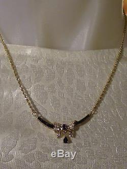14K Yellow Gold 16 Necklace with Genuine Sapphires & Diamond Shape Bow, NEW