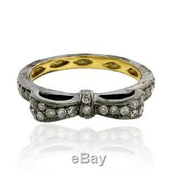 14K Yellow Gold Bow Band Ring Pave Diamond Sterling Silver Vintage Jewelry