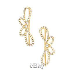 14K Yellow Gold Diamond Bow Ribbon Ear Crawler Earrings 0.34CT Round Cut Natural
