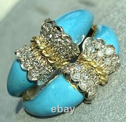 14K Yellow White Gold 40 Diamond Turquoise Enamel Handmade Designer Ring Italy 6