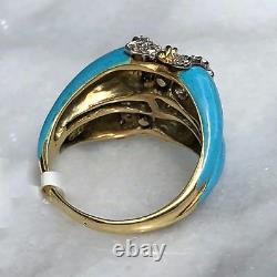 14K Yellow White Gold 40 Diamond Turquoise Enamel Handmade Designer Ring Italy 6