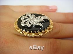 14k Gold Large Oval Onyx And Diamond Bow Ladies Cocktail Ring 16.1 Grams