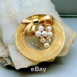 14k Gold Saltwater Cultured Pearl Diamond Bow Circle Brooch Pin Vintage