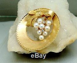 14k Gold Saltwater Cultured Pearl Diamond Bow Circle Brooch Pin Vintage