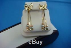 14k Multi-tone Gold Bows Dangle Post Earrings With Beats, 5.4 Grams