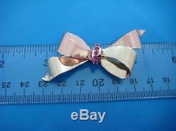 14k Pink And Green Gold Large Retro Bow Brooch With Rubies 10.3 Grams
