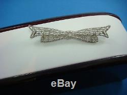 14k White Gold Antique Art-deco Bow Brooch With Genuine Diamond, Circa 1920's