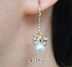 14k Yellow Gold Bow Design Small Diamonds & Pearls Dangle Earrings, 3 Grams