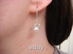 14k Yellow Gold Bow Design Small Diamonds & Pearls Dangle Earrings, 3 Grams