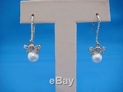 14k Yellow Gold Small Diamond Bows With Pearls Dangle Earrings, 3 Grams