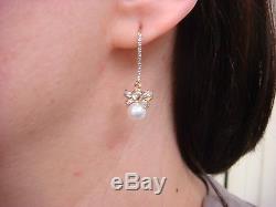 14k Yellow Gold Small Diamond Bows With Pearls Dangle Earrings, 3 Grams