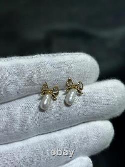 14k Yellow Gold Vintage Pearl Bow Design Hand Made Stud Earrings 1.2 Grams Gift