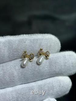 14k Yellow Gold Vintage Pearl Bow Design Hand Made Stud Earrings 1.2 Grams Gift
