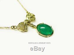 18K Oval Emerald Pendant Natural Colombian Emerald & Diamond Bow Necklace