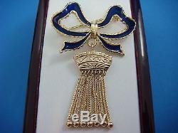 18k Yellow Gold Antique Bow Brooch/pin With Tassels And Blue Enamel, 9.3 Grams