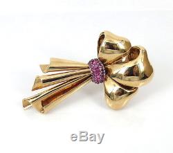 1950s 3.50ct Fine Ruby & Hand Made 14K Yellow Gold Large Size Bow Brooch