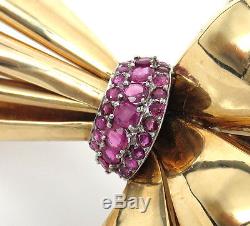 1950s 3.50ct Fine Ruby & Hand Made 14K Yellow Gold Large Size Bow Brooch