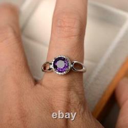 2.20Ct Round Cut Amethyst Diamond Halo Engagement Ring In 14K White Gold Over