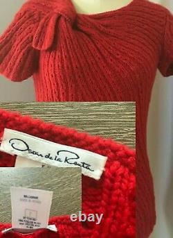 $2,400 Oscar De La Renta Stunning Red 100% Pure Cashmere Hand Knit Blouse Us S