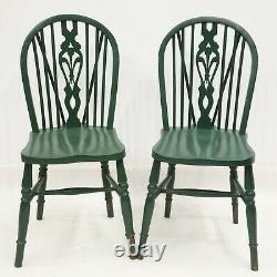 2 Antique Bow Back Windsor Chairs Painted Green Fleur de lys FREE UK Delivery