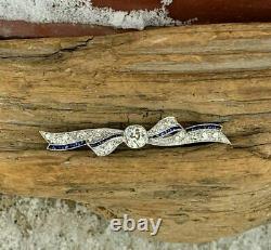 2 Ct Round Cut Diamond Blue Sapphire Charm Bow Pin Brooch 14K White Gold Finish