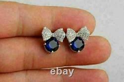 2 Ct Round Simulated Diamond Blue Sapphire Bow Stud Earrings 14k White Gold Over