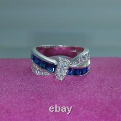 2ct Round Blue Sapphire Wedding Band Ring Solid 14K White Gold Bow Knot Unique