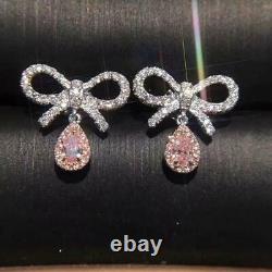 3.60Ct Pear Cut Pink Diamond Halo Bow Drop & Dangle Earrings 14K White Gold Over