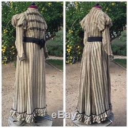 3-Pc Victorian Bustle Dress Boned Shirtwaist Juliet Sleeve Skirt Brown Black Bow