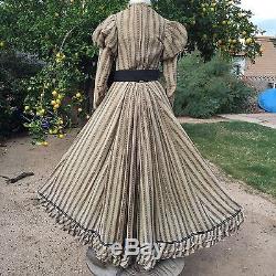 3-Pc Victorian Bustle Dress Boned Shirtwaist Juliet Sleeve Skirt Brown Black Bow