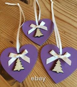 3 X Handmade Christmas Decorations Shabby Chic Wood Heart Tree Bows Purple Cream