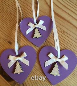 3 X Handmade Christmas Decorations Shabby Chic Wood Heart Tree Bows Purple Cream