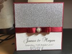 50 Wedding Invitations Silver Sparkly Glitter Card & Claret Double Bow