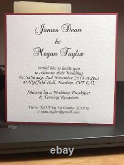 50 Wedding Invitations Silver Sparkly Glitter Card & Claret Double Bow