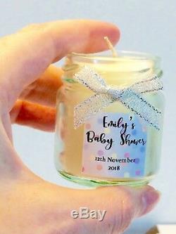 50 x Personalised Baby Shower Mini Scented Candles Spotty Label and Bow