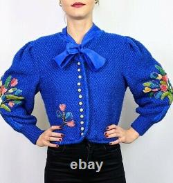 80s hand knitted Austrian blue wool cardigan w silk bow puff sleeves embroidery