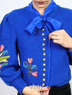 80s hand knitted Austrian blue wool cardigan w silk bow puff sleeves embroidery