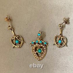 ANTIQUE VICTORIAN / EDWARDIAN 15ct GOLD PAVE PEARL TURQUOISE HEART & BOW PENDANT