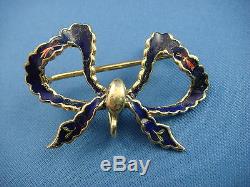 Adorable, 18k Yellow Gold, Antique Enameled Bow Brooch, 4 Grams, 30 X 19 MM
