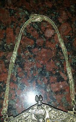 Amazing Antique Repousse 800 Silver frame Silk Paisley Hand Bag & Coin purse Set