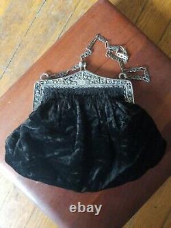 Amazing Antique Repousse 800 Silver frame with Black Velour Purse & handmade chain