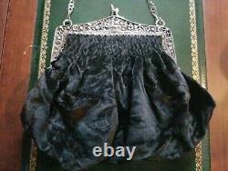 Amazing Antique Repousse 800 Silver frame with Black Velour Purse & handmade chain