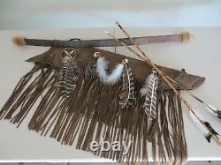 American Handmade Fur Quiver Bow Arrow Set Buckskin Feathers Wall Decor